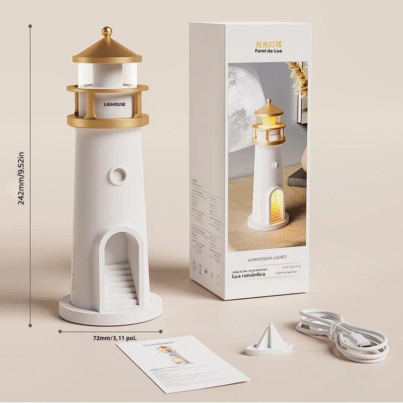Moon Lighthouse™ – Luminária Noturna com Projeção Lunar, Sensor de Movimento, Música Bluetooth e Controle de Luz