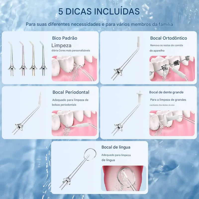 irrigador Dental Portátil com 5 Bicos – 3 Modos de Pressão, 300ml, Recarregável via USB