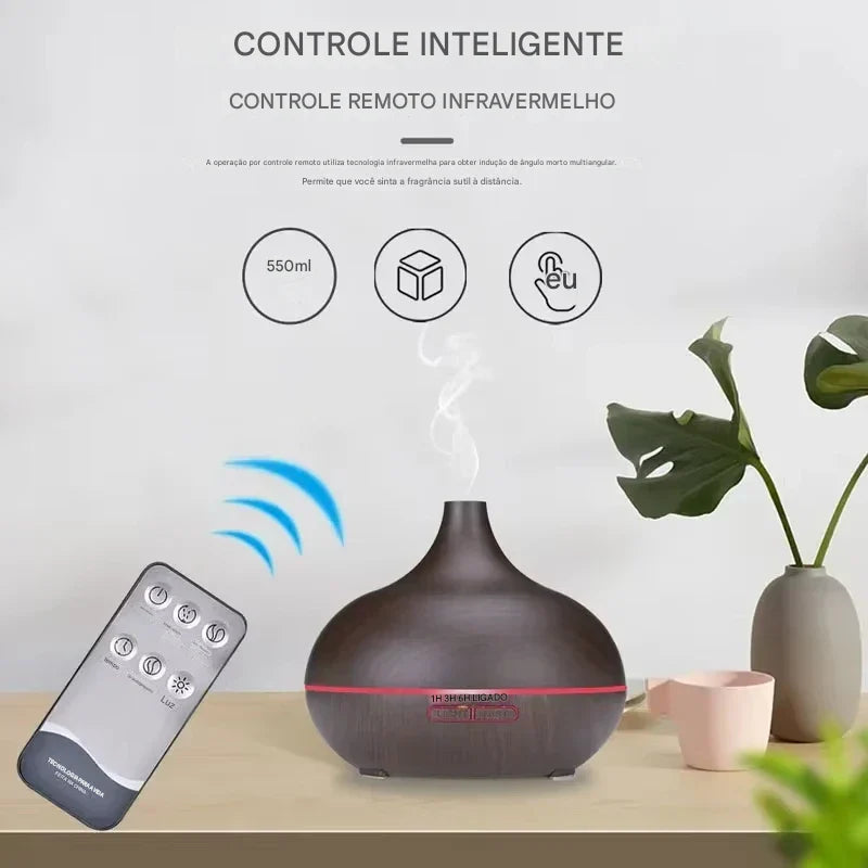 Umidificador de Ar e Difusor de Óleos Essenciais 500ml | Grão de Madeira, Controle Remoto