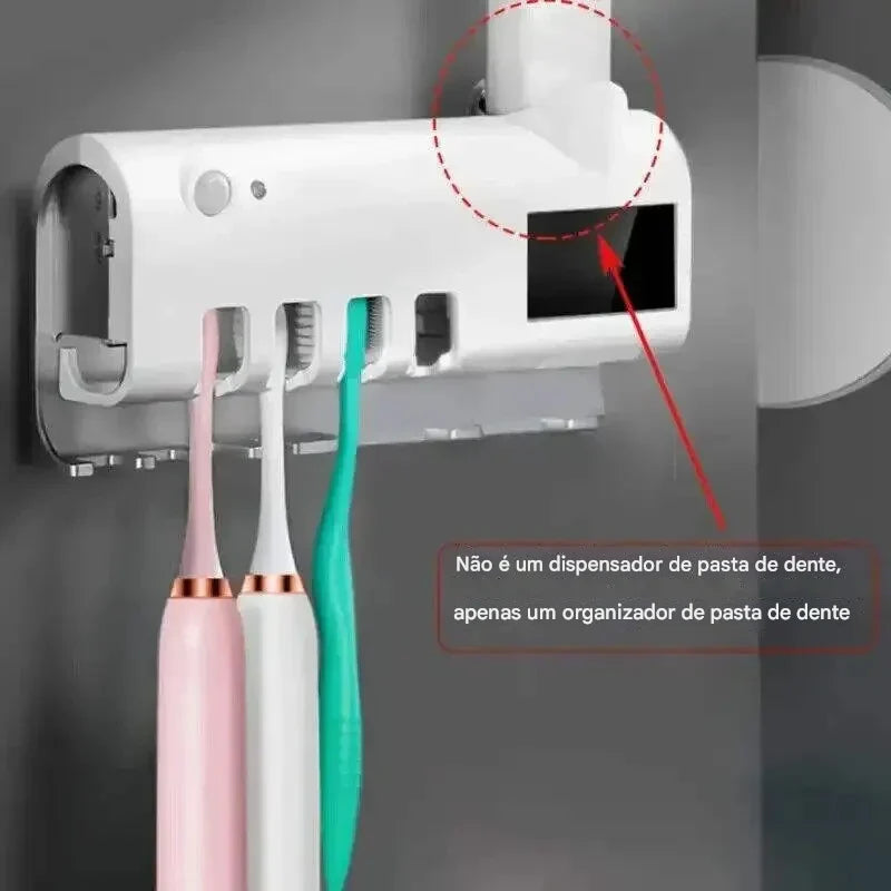 Suporte de Escova de Dente com Esterilizador UV Solar e Dispensador Automático de Pasta de Dente – Acessório de Banheiro para Higiene e Comodidade