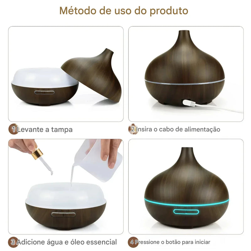 Umidificador de Ar e Difusor de Óleos Essenciais 500ml | Grão de Madeira, Controle Remoto