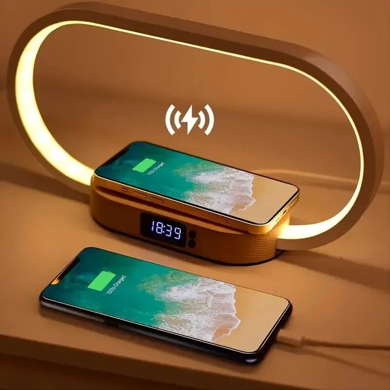 Luminária de Mesa Touch com Carregador Sem Fio 10W, Relógio Digital e Porta USB