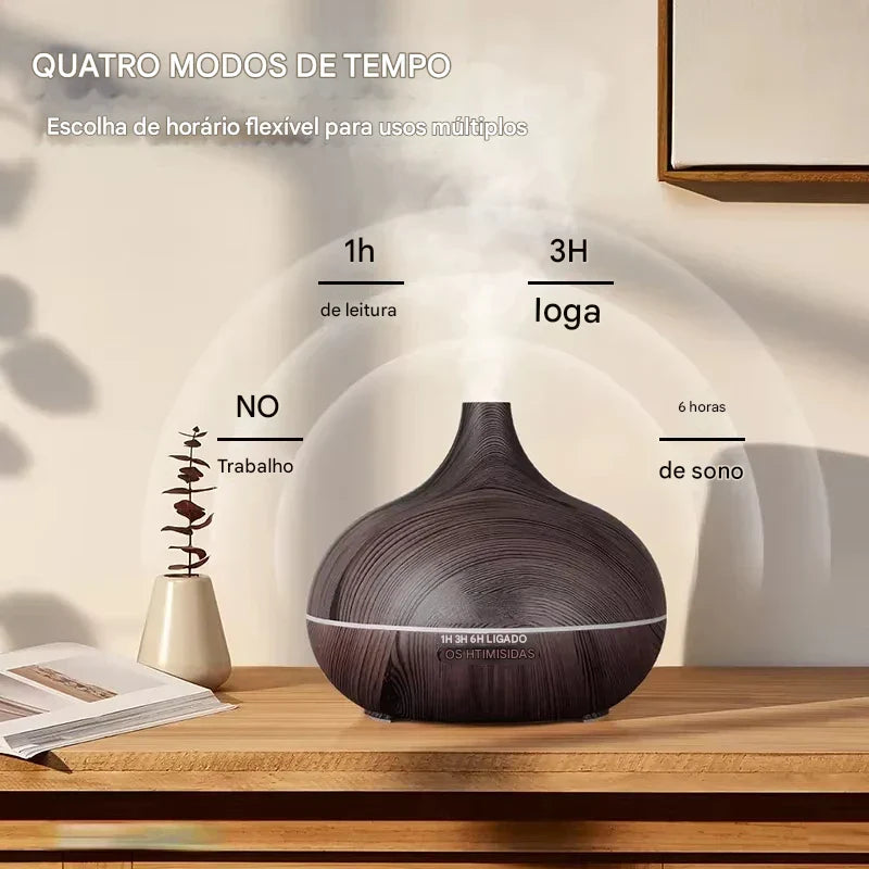 Umidificador de Ar e Difusor de Óleos Essenciais 500ml | Grão de Madeira, Controle Remoto