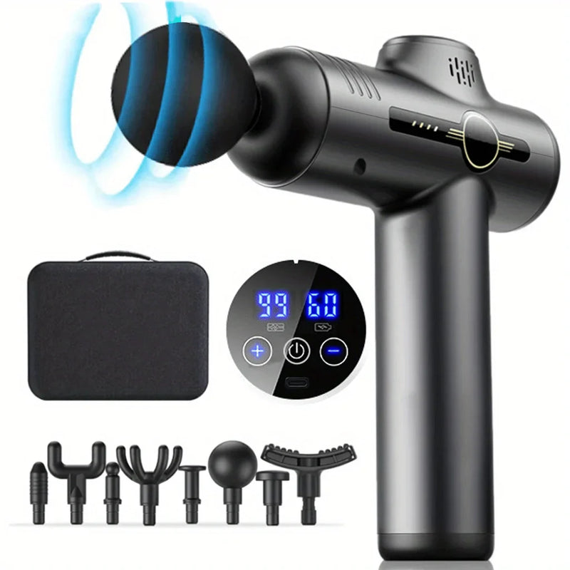 Pistola de Massagem Muscular Premium com Tela Touch + 2 Brindes Exclusivos – Alívio Profundo e Relaxamento em Minutos | Recarga USB