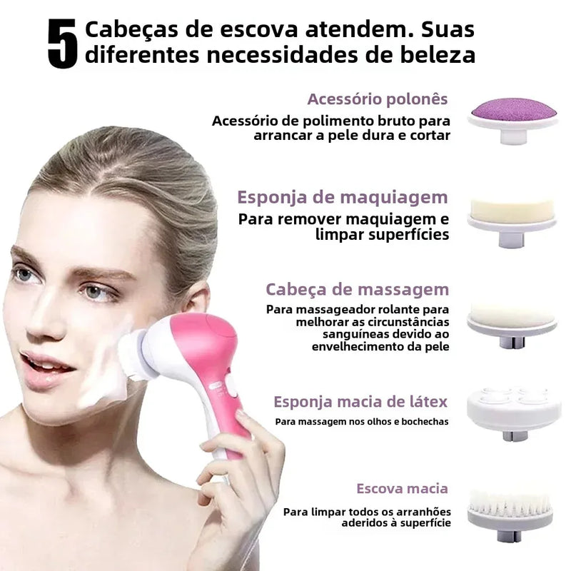 Escova de Limpeza Facial Elétrica 5 em 1 – Esfoliante, Massageador, Removedor de Cravos