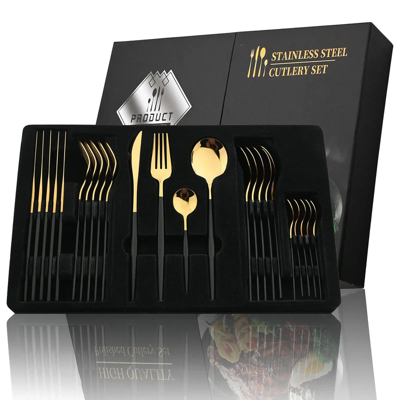 Conjunto de talheres dourados luxuoso com 24 peças + caixa de presente