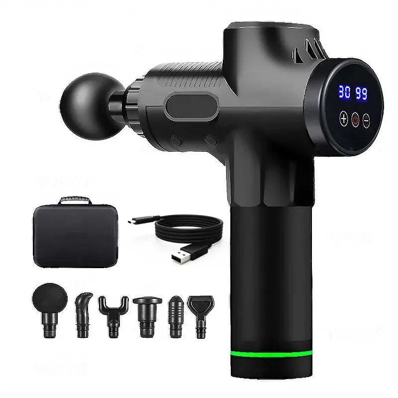 Pistola de Massagem Muscular Premium com Tela Touch + 2 Brindes Exclusivos – Alívio Profundo e Relaxamento em Minutos | Recarga USB