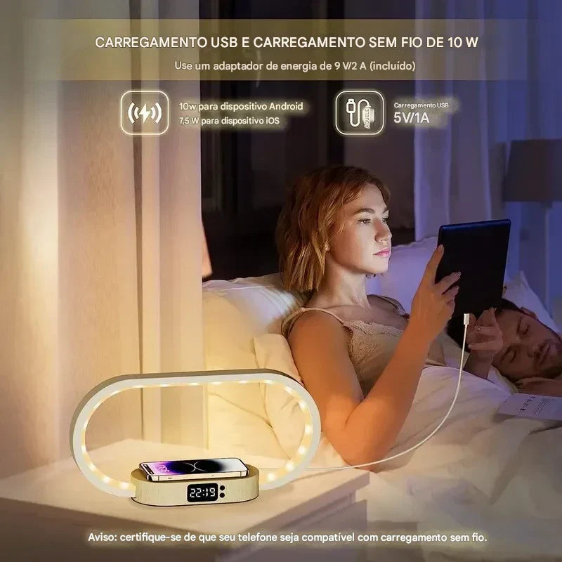 Luminária de Mesa Touch com Carregador Sem Fio 10W, Relógio Digital e Porta USB