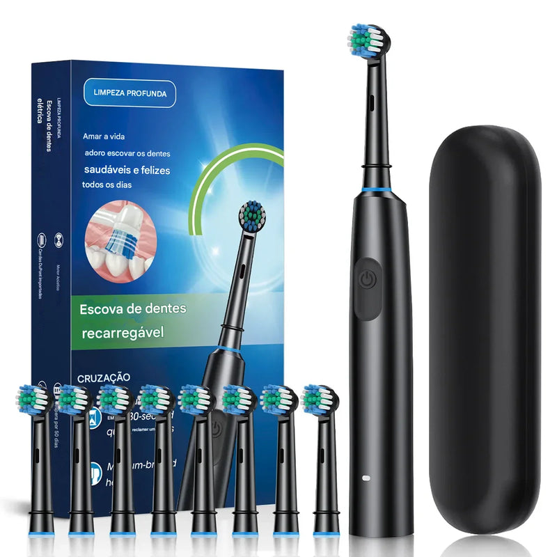 Escova Elétrica Recarregável 360° – Limpeza Profunda com 8 Cabeças + Timer Inteligente | À Prova d’Água