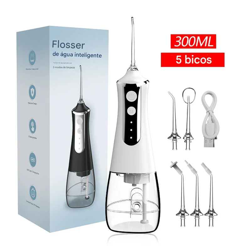 irrigador Dental Portátil com 5 Bicos – 3 Modos de Pressão, 300ml, Recarregável via USB