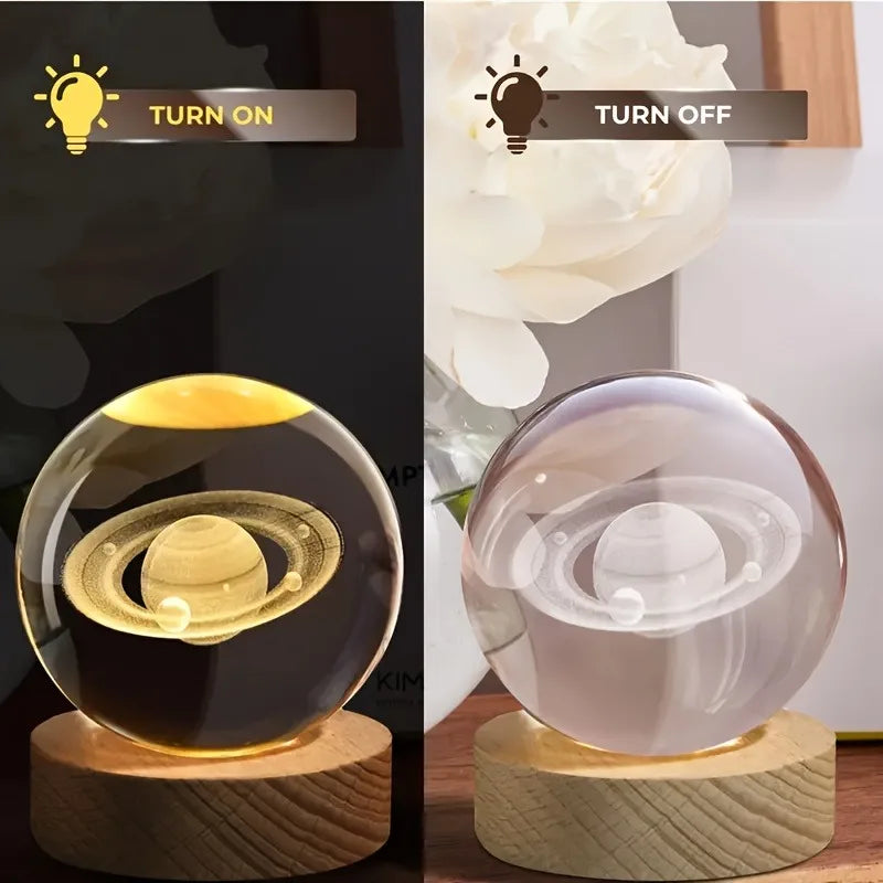 Luz Estelar Crystal Aura: Luminária Galáxia com Base de Madeira