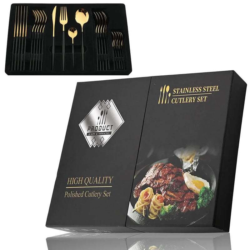 Conjunto de talheres dourados luxuoso com 24 peças + caixa de presente