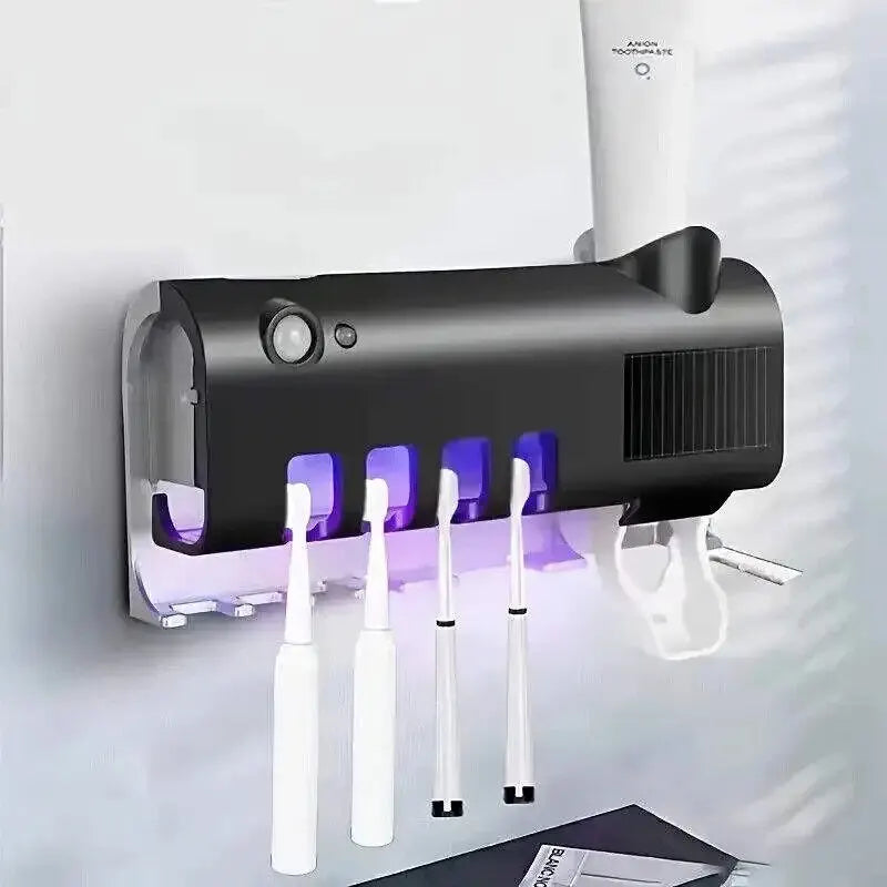 Suporte de Escova de Dente com Esterilizador UV Solar e Dispensador Automático de Pasta de Dente – Acessório de Banheiro para Higiene e Comodidade