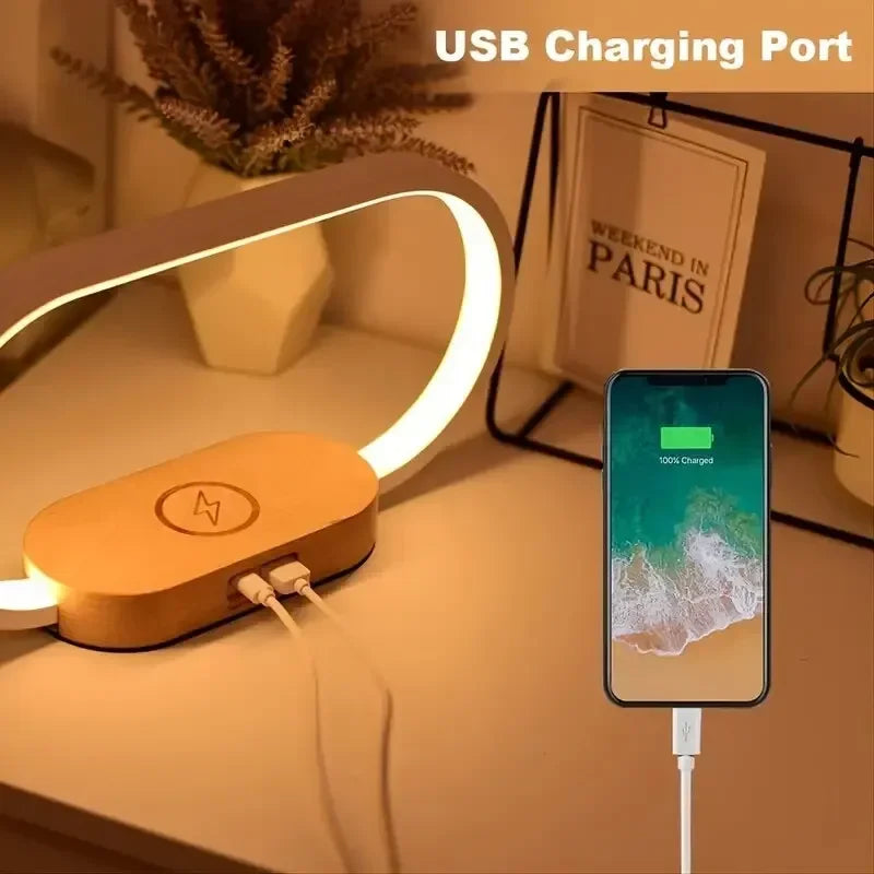 Luminária de Mesa Touch com Carregador Sem Fio 10W, Relógio Digital e Porta USB