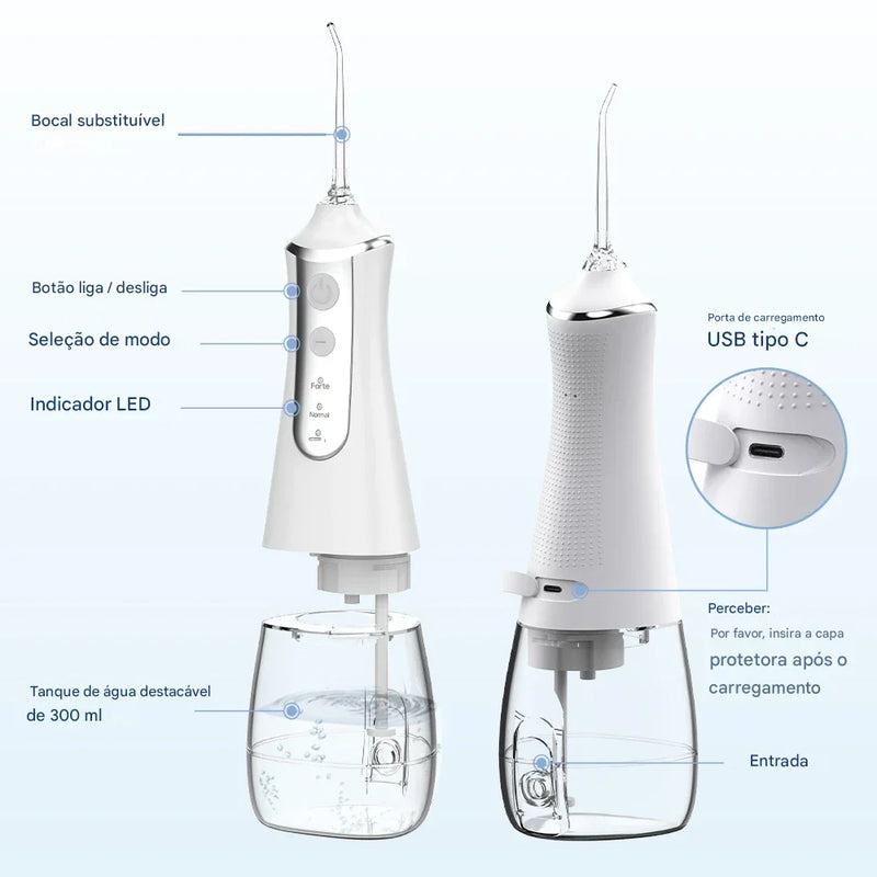 irrigador Dental Portátil com 5 Bicos – 3 Modos de Pressão, 300ml, Recarregável via USB
