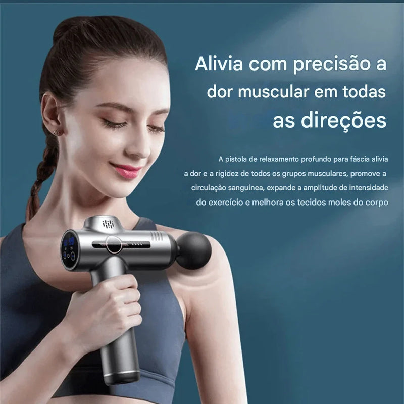 Pistola de Massagem Muscular Premium com Tela Touch + 2 Brindes Exclusivos – Alívio Profundo e Relaxamento em Minutos | Recarga USB