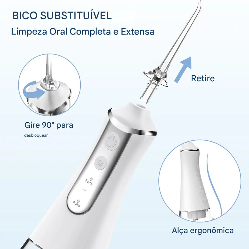 irrigador Dental Portátil com 5 Bicos – 3 Modos de Pressão, 300ml, Recarregável via USB