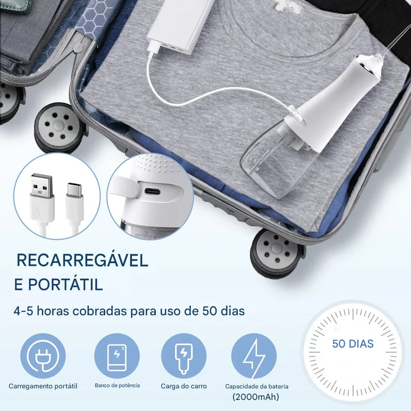 irrigador Dental Portátil com 5 Bicos – 3 Modos de Pressão, 300ml, Recarregável via USB