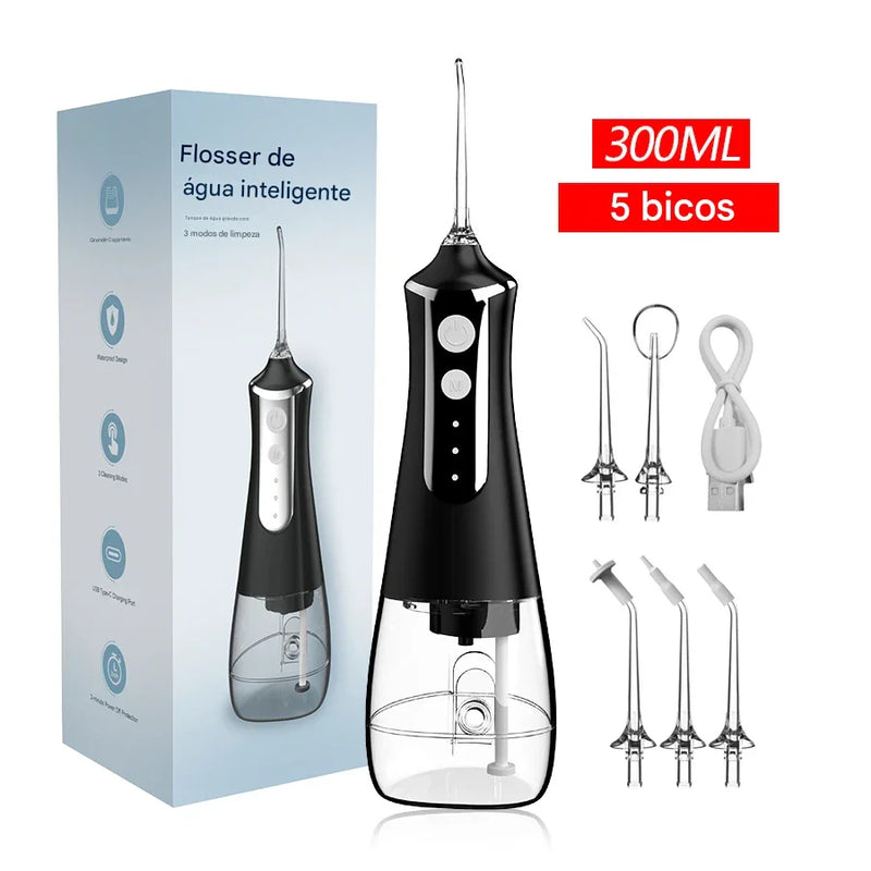 irrigador Dental Portátil com 5 Bicos – 3 Modos de Pressão, 300ml, Recarregável via USB
