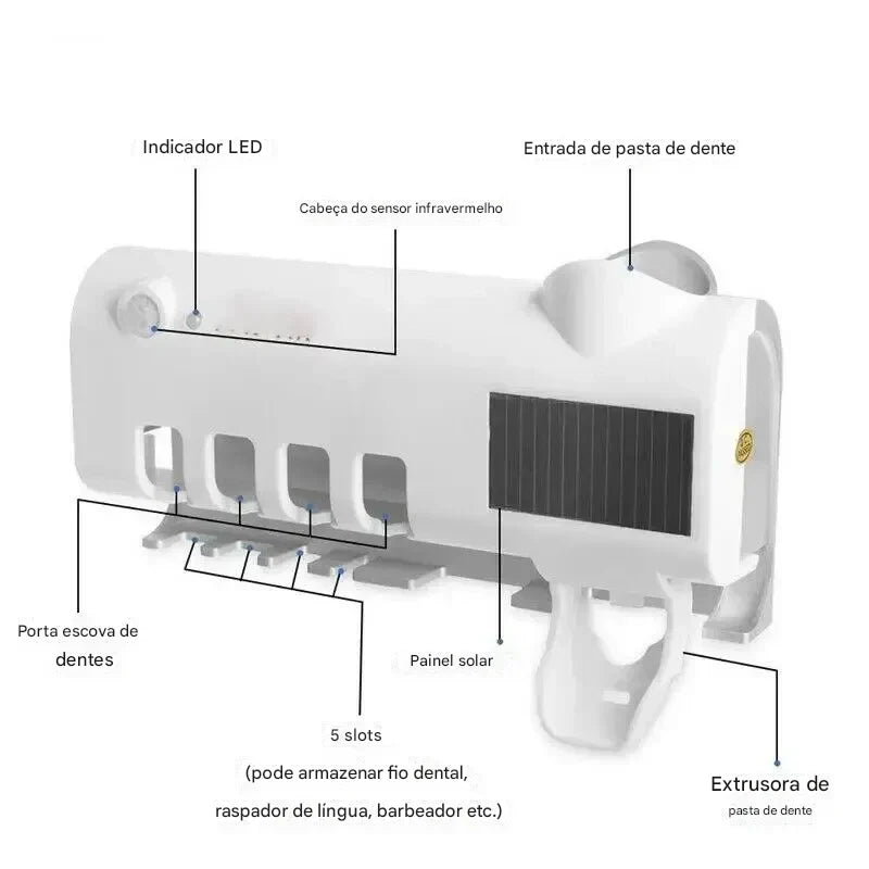 Suporte de Escova de Dente com Esterilizador UV Solar e Dispensador Automático de Pasta de Dente – Acessório de Banheiro para Higiene e Comodidade