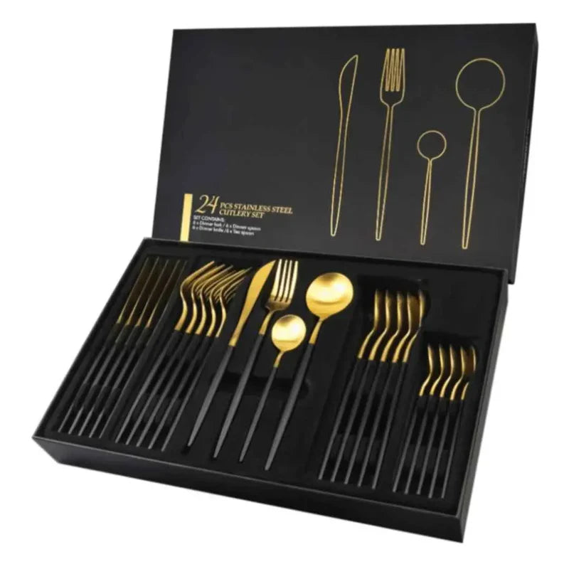 Conjunto de talheres dourados luxuoso com 24 peças + caixa de presente