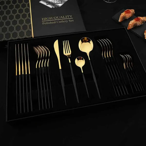Conjunto de talheres dourados luxuoso com 24 peças + caixa de presente