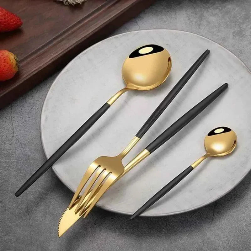 Conjunto de talheres dourados luxuoso com 24 peças + caixa de presente