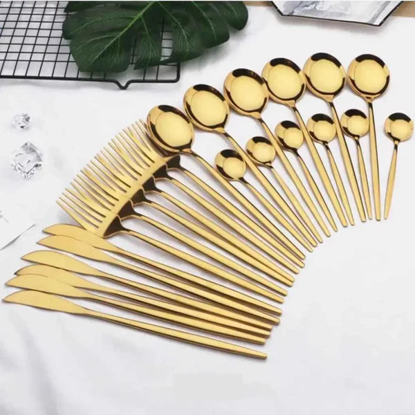 Conjunto de talheres dourados luxuoso com 24 peças + caixa de presente